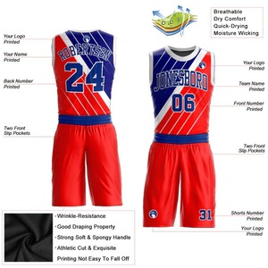 Maillot de basket-ball personnalisé rouge royal et blanc, en tissu mesh respirant, uniforme d'équipe, logo personnalisé, tenue d'entraînement - Product Image 2
