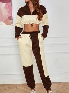 Ensemble de survêtement pour femme, sweat-shirt court à blocs de couleur, manches longues, coupe ample, vêtements décontractés avec poches, vêtements de sport pour toutes les saisons - Product Image 2