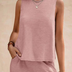 ชุดเซ็ต 2 ชิ้นสำหรับผู้หญิง สไตล์วินเทจ เสื้อกล้ามสั้นสีพื้นและกางเกงขายาวทรงกว้าง ผ้าคอตตอนถัก ย้อมสีพื้น ชุดเข้าเซ็ต - Product Image 3