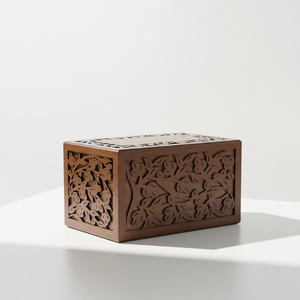 Hand Carved Wooden Ashes Urn <b>Box</b> Brown Square Memorial Cremation Keepsake Case Engraved <b>Floral</b> Funeral Decoration - Product Image 1