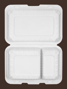 Contenedor tipo clamshell blanco de 9 pulgadas con bisagras y relleno mineral, 2 compartimentos, con pestañas frontales ventiladas. - Product Image 2