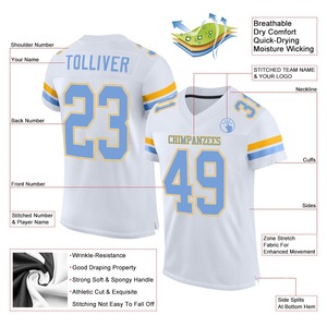 Uniforme de Fútbol Personalizado de Primera Calidad, Fabricante EM&ODM, Jersey de Fútbol Auténtico Personalizado en Blanco, Azul Claro y Dorado - Product Image 2