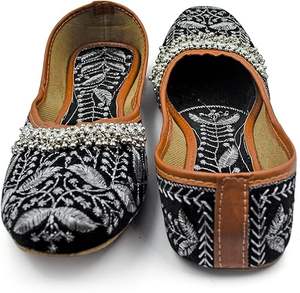 Calzado plano Khussa para mujer, hecho a mano en Pakistán, con diseño étnico bordado, color negro, venta al por mayor. - Product Image 3