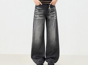 Jean en denim délavé coupe large pour homme, taille haute, coupe ample, en coton tissé, style streetwear automne - Product Image 3