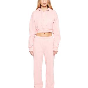 Sweat à capuche zippé épais 100% coton pour femme pull de sport brodé graphique motif solide saison d'hiver Techniques lavées - Product Image 4