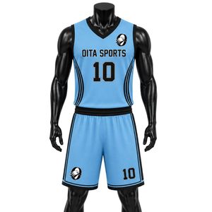 Ensemble uniforme de basket-ball pour hommes et femmes, maillot et short bleu ciel et noir, vêtements de sport légers et confortables pour équipe Oita - Product Image 1