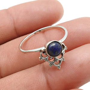 Round Cut Throat Chakra Lapis Lazuli Gemstone <b>Ring</b> Crown Shaped Women Band In Boho Style <b>Crafted</b> From Solid 925 Sterling Silver - Product Image 5