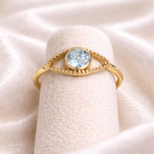 Anillo de latón electrochapado para mujer con topacio azul de 6x6mm, redondo, tamaño fijo, minimalista, con halo, estilo glamuroso y distintivo, hecho a mano. - Product Image 4