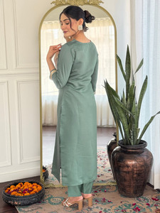 Green Rayon Quick Dry Spring Summer Autumn Knee-Length <b>Kurta</b> Set Embroidered Neckline Floral Dupatta <b>Women</b> Traditional Casual - Product Image 6