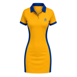 Vestido Polo Dorado y Azul Rey para Mujer, Manga Corta, Cuello en Contraste, Uniforme Deportivo con Paneles Laterales y Escudo en el Pecho - Product Image 1