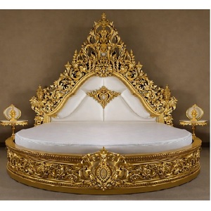 Luxurious Elegant Vintage Maharaja Theme Round <b>Bed</b> for Villas Gold Teak Wood Designer with Side <b>Stools</b> Antique Royal Carved <b>Bed</b> - Product Image 1