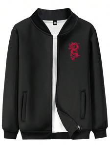VITHAS INDUSTRY Unisex Black Bomber <b>Jacket</b> Red Dragon Print Chinese Style Coated <b>Canvas</b> Material Spring Wear Collarless Zipper - Product Image 5