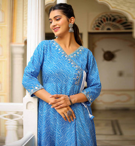 Rayon Leheriya Printed Angrakha Anarkali <b>Kurta</b> and Sleeveless Short Kurti Notch Neck Knee Length Ethnic <b>Women</b> Summer 100% Cotton - Product Image 1