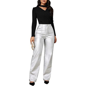 Pantalones de Cuero Genuino Transpirables y Ecológicos para Mujer, Cintura Alta, Corte Regular, Elásticos, Rectos, Casuales, para el Verano - Product Image 5