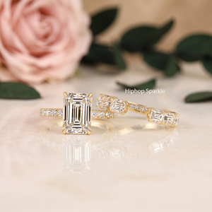 Luxury <b>Emerald</b> Cut Moissanite Three Stone Engagement <b>Ring</b> Matching Wedding Band Set Sterling <b>Silver</b> Rhodium Plated Bridal - Product Image 3