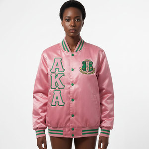 แจ็คเก็ตบอมเบอร์ผ้าซาตินสีชมพูเขียวสำหรับผู้หญิง ยี่ห้อ GREEK AKA แบบสั่งทำพิเศษ แจ็คเก็ตบอมเบอร์ปักลายถักนิตติ้งระบายอากาศได้ดีสำหรับผู้หญิง - Product Image 6