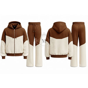 Conjunto Deportivo Personalizado con Logotipo, Color Crema Marrón, Bloques de Color, Sudadera con Capucha y Cierre Completo, Pantalones de 450 g/m² - Product Image 4