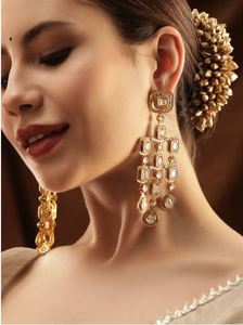 Luxury Indian Designer Kashmiri Gold Plated Zinc Alloy Women's Earrings Dangler Traditional Geometric Ethnic Long Crystal - Product Image 4