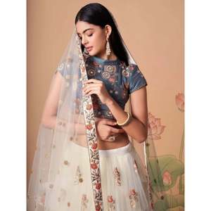 Off-White Embroidered <b>Net</b> Plus Size Lehenga Choli for Sangeet - Product Image 4