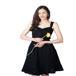 Elegante mini vestido de lino Cottagecore para mujer negro con monos y monos Características - Product Image 1