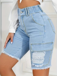 Shorts de Mezclilla Azul Claro al por Mayor con Detalles Desgastados y Dobladillo Deshilachado, Estilo Urbano de Verano, Shorts de Mezclilla Desgastados - Product Image 4
