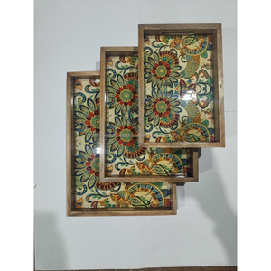 Juego de bandejas de madera de mango hechas a mano con arte floral de rosas rojas en esmalte, platos decorativos de madera para servir. |   Decoración Clásica para el Hogar - Product Image 3