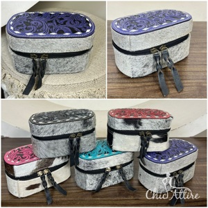 Handcrafted Mini Zipper Portable Cowhide Leather Jewelry Case <b>Tooled</b> Floral Pattern Western Style Travel Organizer Gift <b>Box</b> - Product Image 1