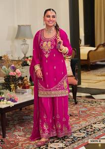 Ensemble Salwar Kameez en velours tissé rouge brodé pour femmes, tenue ethnique d'été, Dupatta, tenue de fête traditionnelle longueur genou - Product Image 3