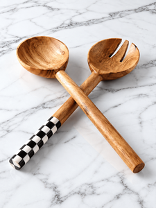 Juego de Servidores de Ensalada de Madera Natural de Diseño Coreano, Ecológico, REHMAN CRAFT, Cuchara y Tenedor Hechos a Mano con Mango a Cuadros para Cocina - Product Image 1