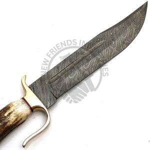 Nueva Edición Cuchillo Bowie de Acero de Damasco de 15 Pulgadas Hecho a Mano con Mango de Asta de Ciervo, Hoja Fija Extra Afilada para Caza al Aire Libre - Product Image 3