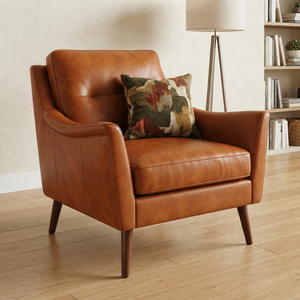 Sillón de Cuero Genuino de Estilo Moderno de Mediados de Siglo, Patas de Madera Maciza, Sillón para Sala de Estar, Sillón de Cuero - Product Image 1