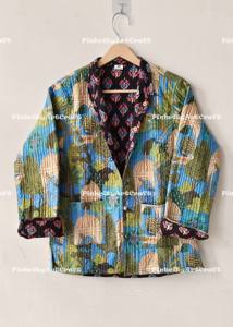 Chaqueta de Algodón Acolchada con Estampado Animal Tropical, Reversible, Estilo Boho Kimono, Mangas Farol, Hecha a Mano con Estampado de Bloques, Talla Estándar - Product Image 5