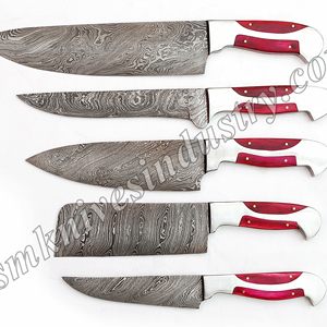 Ensemble de 5 couteaux de cuisine Damas élégants faits à la main, 8 pouces, 12 pouces, lames en acier au carbone, kit de coupe de viande et de cuir en bois - Product Image 1