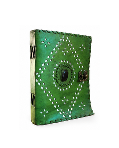 Custom Genuine <b>Leather</b> <b>Diary</b> Green Color Mandala Cutwork Design with Stone & Metal Clasp – Bulk Wholesale Journal Supplier - Product Image 5