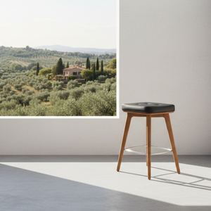 Taburete de Bar Moderno con Asiento de Cuero Sintético Negro, Estructura de Madera y Base de Acero Inoxidable, Diseño de Mediados de Siglo para Bar en Casa - Product Image 3
