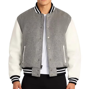 Chaqueta Varsity Gris Blanca para Hombre, Lana y Poliéster, Estilo Casual de Béisbol, Cierre de Cremallera, Cuello Camisero, Corte Regular, para Otoño - Product Image 1
