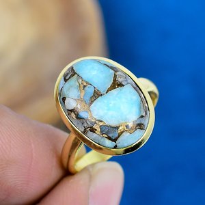 Handmade Amazonite Copper Gemstone Oval Shape <b>Ring</b> 18k <b>Gold</b> Micron Over 925 Sterling Silver - Product Image 1