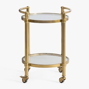 Chariot de bar en laiton avec 2 étagères en verre et 4 roulettes pivotantes, chariot de service contemporain pour hôtel, chariot à boissons - Product Image 4