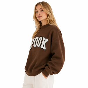 Brown Womens Oversized Mock Neck Sweatshirt Custom Chenille Embroidered Fleece Pullover LooseFit OEM ODM Greek Letter Sweatshirt - Product Image 2