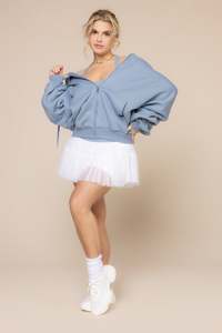 Sweat-shirt à capuche zippé oversize bleu clair uni, épaules tombantes, manches longues, grande taille, en polaire, veste décontractée streetwear pour femme - Product Image 6