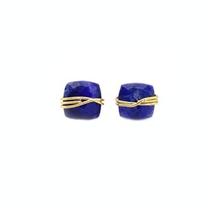 Handmade Dyed Sapphire Stud Earrings | 8mm <b>Blue</b> <b>Cushion</b> Wire Wrapped <b>Gold</b> Plated Fashion Stud Jewelry - Product Image 6