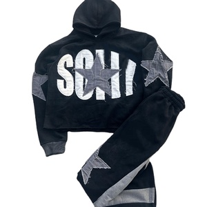 Ensemble hiver 100% coton survêtement avec patch de broderie vieilli et pantalon de survêtement à capuche lavé à l'acide personnalisé pour hommes de grande taille - Product Image 4