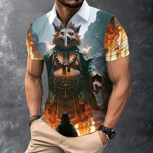 Polo pour homme avec motif de guerrier mythique en 3D |   T-shirt à col zippé fantaisie avec sublimation de personnage |   Haut streetwear Flaming Armor - Product Image 1