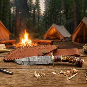 Cuchillos de Caza Premium Hechos a Mano al por Mayor, Hoja Fija de Acero de Damasco, Mango de Cuerno, para Supervivencia al Aire Libre y Camping con Funda - Product Image 3