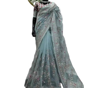 Custom Printed Organza Silk <b>Saree</b> 5.5mm 100% Pure Silk with <b>Blouse</b> with Embroidery Work Modal High Quality Manufacturer India - Product Image 1