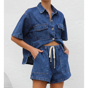 Set <span class=keywords><strong>di</strong></span> Alta Qualità: <span class=keywords><strong>Camicia</strong></span> in Denim a Due Pezzi con Chiusura a Bottoni e Spalle Scivolate, Pantaloncini con Cordoncino in Vita, Completo <span class=keywords><strong>Jeans</strong></span> da Donna - Product Image 3