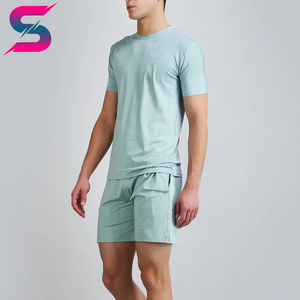 Conjunto de Camiseta y Pantalones Cortos de Algodón Azul Claro para Hombre, Cuello Redondo, Color Sólido, Informal, Transpirable, Tejido de Punto, para Verano, Precio al por Mayor - Product Image 5