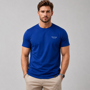T-shirt en coton bleu slim fit pour homme Vibe Craft, col rond, manches courtes, jersey décontracté, respirant, logo imprimé sur le devant, prix avantageux - Product Image 2