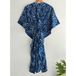 Vestido Kaftán de Algodón con Estampado Floral Azul, Cuello en V, Estilo Bohemio, Holgado, Informal, para Vacaciones de Verano - Product Image 2