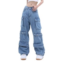 Multi Pocket Blue Washed Jeans Cargo Pants Retro Streetwear Fashion High Waist Jeans Couple Casual Wide Leg Pants
